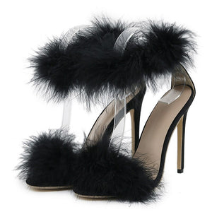 Liyke Summer Faux Fur Ankle Strap Sandals Women Open Toe Fluffy Feather High Heels Party Dress Shoes De Mujer Mart Lion Black 35 