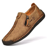 Men Handmade Leather Shoes Big Zipper Casual Loafers Sewing Leather Flats Moccasins Tooling Mart Lion khaki 38 