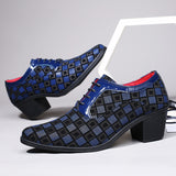 Blue Plaid Men's High Heel Shoe Pointed Leather Dress Shoes Lace-up Wedding Shoes zapatos hombre vestir Mart Lion   