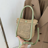 Niche design sense straw bag women summer messenger bag popular portable bucket bag Mart Lion   