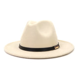 Black leather belt decoration Felt Hats Fedora Hat Men's Women artificial wool Blend Simple Wide winter Fedora Hats Mart Lion Beige color 56-58cm 