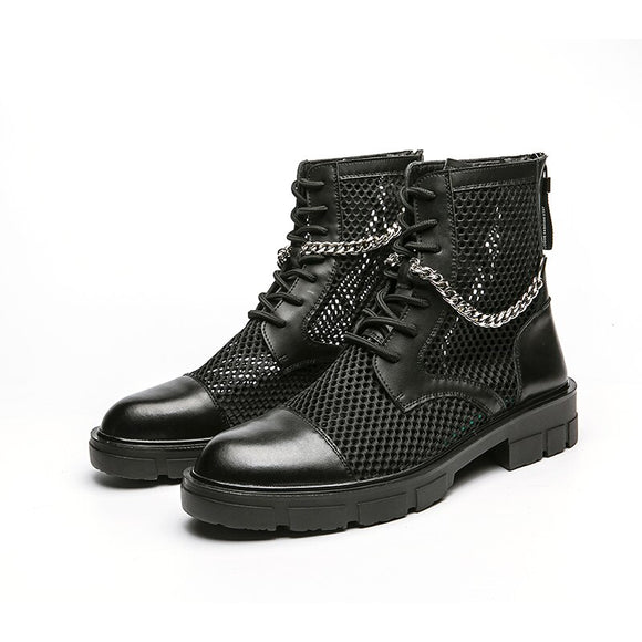 Summer Men's Ankle Boots Punk Rock Mesh Leather Chain Round Toe Breathable Motorcycle Party Casual Shoes Mart Lion Black 38 