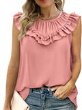Women Summer New Vest Sleeveless Chiffon Shirt Casual Vintage O-neck Ruffles Folds Elegant Women Blouses Tank Top Mart Lion Pink S 
