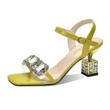 Women Summer Heel Shoes Crystal Open Toe Square Heel Block Heel Buckle Strap Sandals Green Mart Lion yellow 34 