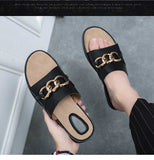 New Sandals Men Shoes PU Solid Color Fashion Casual Beach Pool Daily Classic One Word Open Toe Metal Chain Flat Slippers CP171 - MartLion