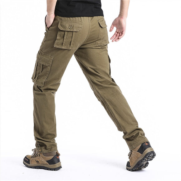 Large Pocket Loose Overalls Men's Outdoor Sports Jogging Military Tactical Pants Elastic Waist Pure Cotton Casual Work Pants Mart Lion   
