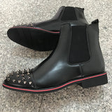  Chelsea Boots Black Rivet Punk Square Toe Slip-On Handmade Low-heeled Men's shoes Mart Lion - Mart Lion