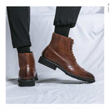 Brown Block Men's Short Boots Lace-up Square Toe Ankle De Hombre Mart Lion   