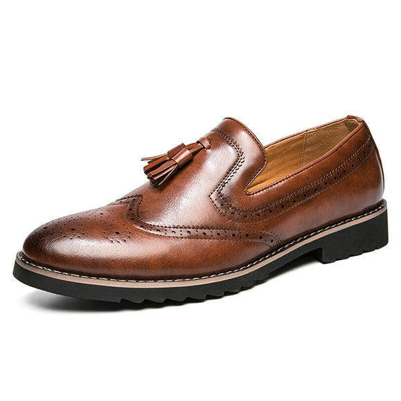 Brogue Dress Shoes Men's Formal Soft Split Leather Slip On Loafers Flat Work Footwear Mart Lion Brown 39 