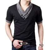 Summer Men's T-Shirts Slim Short Sleeve Patchwork V Neck Cotton Black Button Tops Tees Mart Lion   