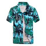 26 Colors Summer Men's Hawaiian Shirts Short Sleeve Button Coconut Tree Print Casual Beach Aloha Shirt Mart Lion 17 green 2XL for 180CM 80KG 