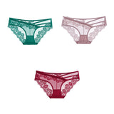 3pcs Lace Underwear For Women Low Waist Briefs Female Transparent Mesh Ladies Solid Panties Mart Lion green-pink-red M China|3PCS