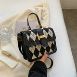 Rhombus Stitching Handbags Trend Fashion Shoulder Bag Retro Simple Messenger Small Square Bag Mart Lion Black  