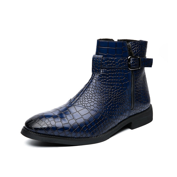 Men's Ankle Boots PU Solid Color Classic Casual Banquet Everyday Retro Crocodile Pattern Buckle Shoes Mart Lion Blue 38 