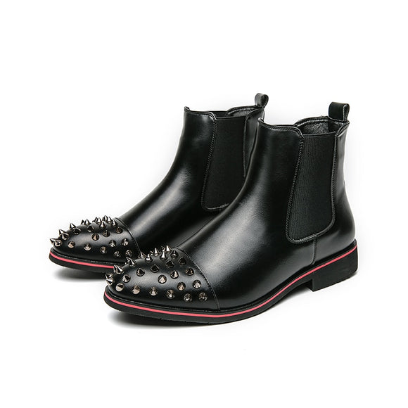 Chelsea Boots Black Rivet Punk Square Toe Slip-On Handmade Low-heeled Men's Shoes Mart Lion   
