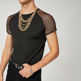 Men's T Shirt Mesh Patchwork Streetwear Crew Neck Short Sleeve Casual Tee Tops Breathable Mart Lion   