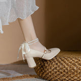 Women High Heels Bow Fairy Style High-Heeled Strap Chunky Heel Square Toe Simple French Temperament Shoes Mart Lion   