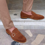 Monk Shoes Classic Versatile Casual Daily Round Toe Single Buckle Faux Suede Solid Color Dress Mart Lion   