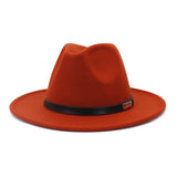 Black leather belt decoration Felt Hats Fedora Hat Men's Women artificial wool Blend Simple Wide winter Fedora Hats Mart Lion Rust red 56-58cm 