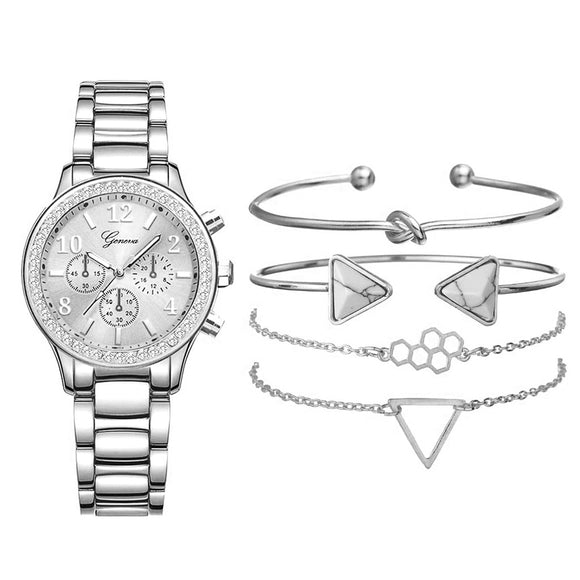 4PCS Women Watches Set Bracelet Watch Ladies Wristwatch Dress Female Clock Montre  Relogio Feminino Mart Lion Silver  