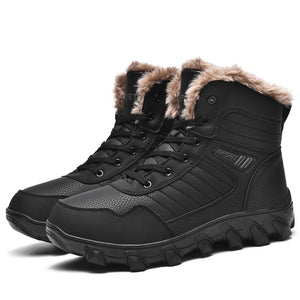 2022 Leather Hiking Boots Mens Winter Outdoor Warm Fur Non Slip Fashion Hike Ankle Boot Black Hunting Boots Rubber Large Size 48