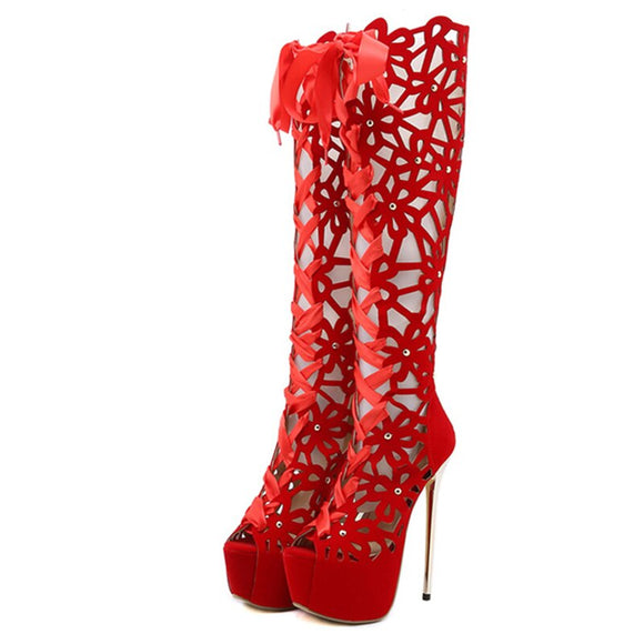 Liyke Summer Roma Style Hollow Out Cross Lace-Up Platform Knee-High Boots Women Sandals Peep Toe Super Thin Heels Shoes Mart Lion Red 35 China