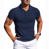 Summer Men's Sports Fitness Leisure Stretch Vertical Short Sleeve Shirt Plain Shirt Golf Wear Mart Lion Navy Blue S 
