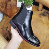  Chelsea Boots Black Rivet Punk Square Toe Slip-On Handmade Low-heeled Men's Shoes Mart Lion - Mart Lion