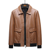 Men's Autumn Causal Vintage Leather Jacket Coat Outfit Design Motor Biker Zip Pocket PU Leather Jacket Mart Lion Khaki M 