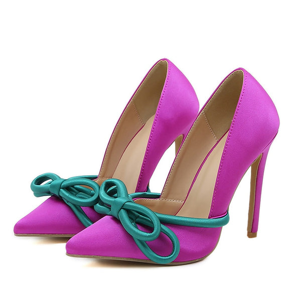Liyke Runway Style Silk Butterfly-Knot Women Pumps Pointed Toe Slip On Purple High Heels Slingback Shoes Stiletto Mart Lion Purple 35 