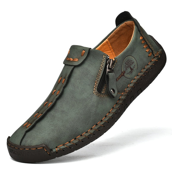 Men Handmade Leather Shoes Big Zipper Casual Loafers Sewing Leather Flats Moccasins Tooling Mart Lion Green 38 