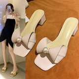 Women Sands Summer Korean Style Bowknot Slip-on Chunky Heel Simple Temperament Mid Heel Comfort Shoes Mart Lion   