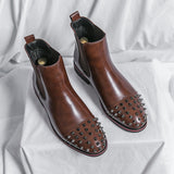 Chelsea Boots Black Rivet Punk Square Toe Slip-On Handmade Low-heeled Men's shoes Mart Lion brown 38 