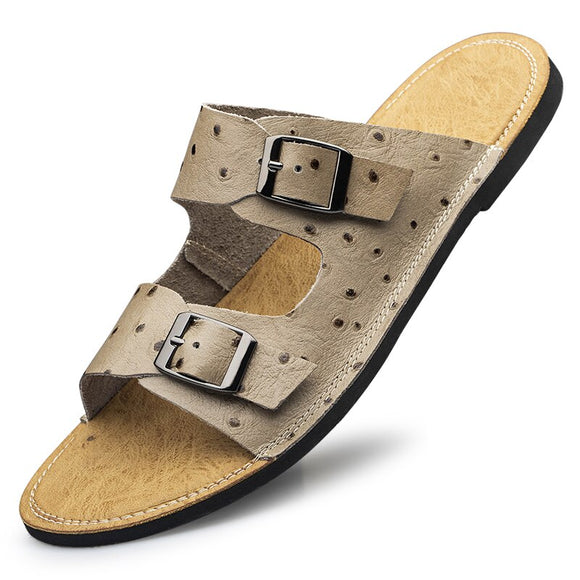 Men's Flat Sandals With Adjustable Genuine Leather Summer Shoes Beach Sport Slippers Non-slip Wear-resistant Mart Lion Dark Khaki 38 