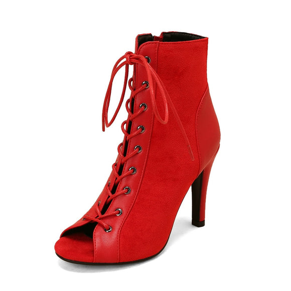  Noble Jazz Dance Shoes Women's Red High Heels Ankle Boots Peep Toe Zipper Indoor Dancing Sandals Mart Lion - Mart Lion