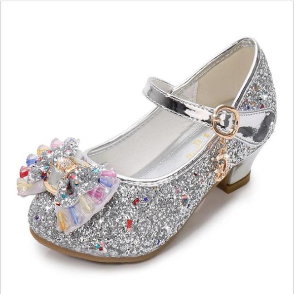 Girls Leather Shoes Princess Children round-Toe Soft-Sole Big girls High Heel Princess Crystal Single Mart Lion   