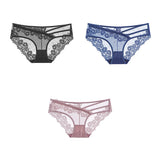 3pcs Lace Underwear For Women Low Waist Briefs Female Transparent Mesh Ladies Solid Panties Mart Lion black-blue-pink M China|3PCS