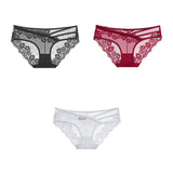 3pcs Lace Underwear For Women Low Waist Briefs Female Transparent Mesh Ladies Solid Panties Mart Lion black-red-white M China|3PCS