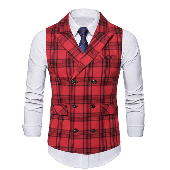 Red Plaid Suit Vest Men's Vintage Double Breasted Waistcoat Steampunk Clothing Men's Terno Masculino Slim Uniform Vest Mart Lion 9875 Asian Size M 