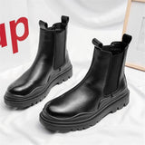 Men's Platform Chelsea Boots Thick Sole Split Leather Ankle shoes Round Toe Short Mart Lion Black 38 