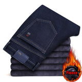 Winter Men Fleece Warm Jeans Classic Style Casual Thicken Regular Fit Denim Pants Black Blue Trousers Mart Lion Black blue 28 