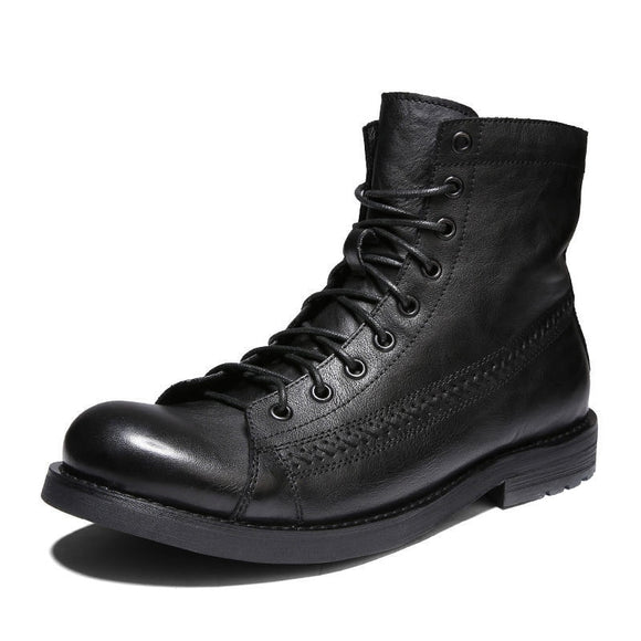 Men's Boots Retro Style Ankle PU Lace-Up Casual High-top Shoes Wear-resistant Motorcycle Mart Lion Black 38 