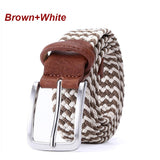 Stretch Canvas Leather Belts for Men's Female Casual Knitted Woven Military Tactical Strap Elastic Belt for Pants Jeans Mart Lion Brown-White 100cm 