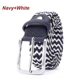 Stretch Canvas Leather Belts for Men's Female Casual Knitted Woven Military Tactical Strap Elastic Belt for Pants Jeans Mart Lion Navy-White 100cm 