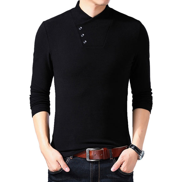 Spring Slim Fit T Shirt Men's Cotton Long Sleeve Irregular Collar Solid Color Clothes Mart Lion   