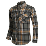 Plaid Shirt Autumn Men's Long Sleeve Vinatge Orange Double Pocket Camisas Social Button Shirts Men's Elegant Streetwear Mart Lion   