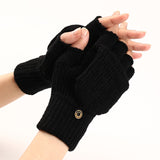 Wool Knitted Fingerless Flip Gloves Winter Warm Flexible Touchscreen Gloves Men Women Unisex Exposed Finger Mittens Glove Mart Lion Black  