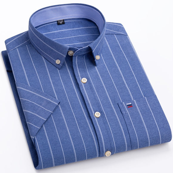 Men's Oxford Short Sleeve Summer Casual Shirts Single Pocket Standard-fit Button-down Plaid Striped Cotton Mart Lion D514 43 