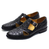 Classic Roma Style Men's Sandals Genuine Leather Formal Shoes Crocodile Pattern Buckle Strap Summer Mart Lion Black EU 38 