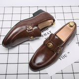 Men's Loafers Blue Brown Metal Decoration Classic Slip-on Dress Shoes with Mart Lion   